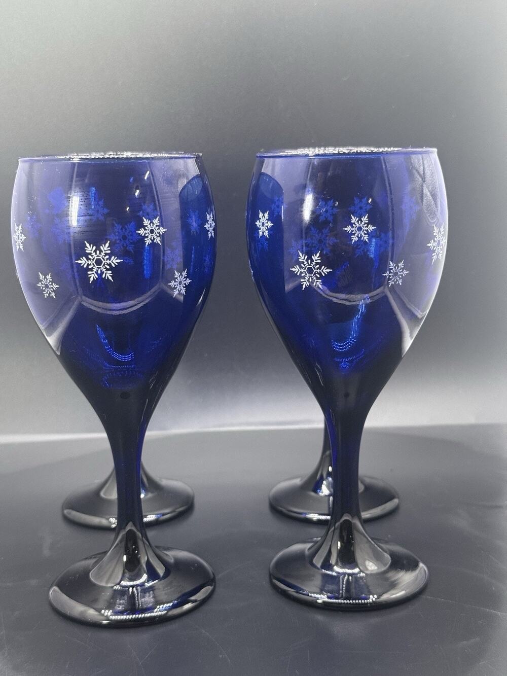 Libbey Snowflake Cobalt Blue Wine Glasses Teardrop Goblets 7 1/2" 10 oz Set of 4